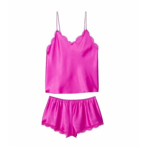 Victoria Secret Women’s Very Fuchsia Stretch Satin Open Lace Back Cami Short Paj - Picture 15 of 15